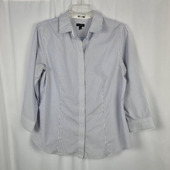 Talbots Wrinkle Resistant Blouse Women's Size 10 Blue & White Stripes 3/4 Sleeve - Picture 1 of 12
